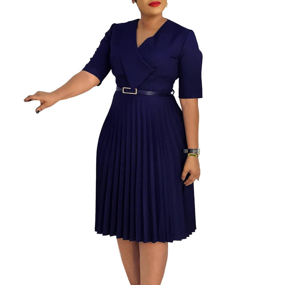 Church Dresses for Women Elegant V Neck Half Sleeves Pleated A-Line Midi Dress Female Classy Modest African Summer Fashion Gowns