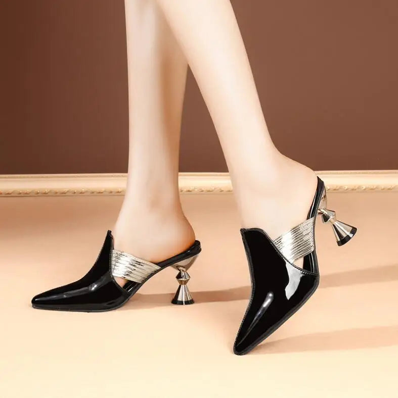 Women Sandals Wedding Party Strange Heels Mules Fashion Rhinestone Slippers Quality PU Pumps Shoes Woman