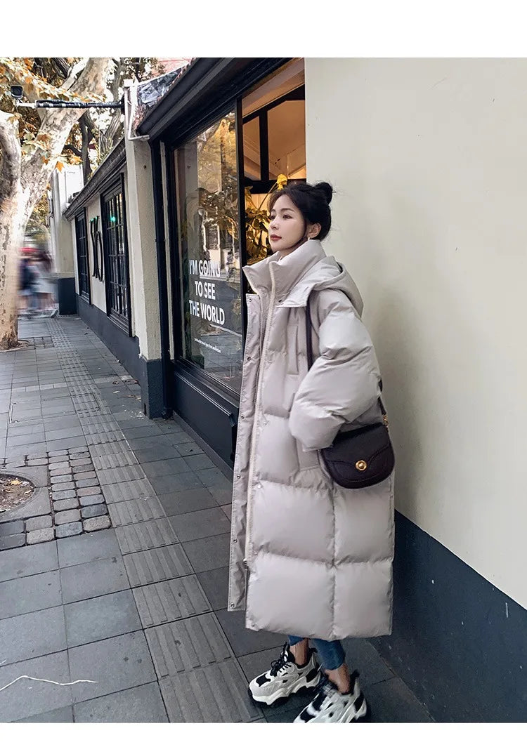 ITOOLIN Women Casual Down Coat Thicken Cotton Warm Hooded Long Coat Long Sleeve Parkas Button Pocket Autumn Winter Office Coat