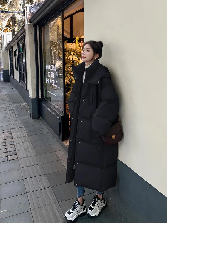ITOOLIN Women Casual Down Coat Thicken Cotton Warm Hooded Long Coat Long Sleeve Parkas Button Pocket Autumn Winter Office Coat