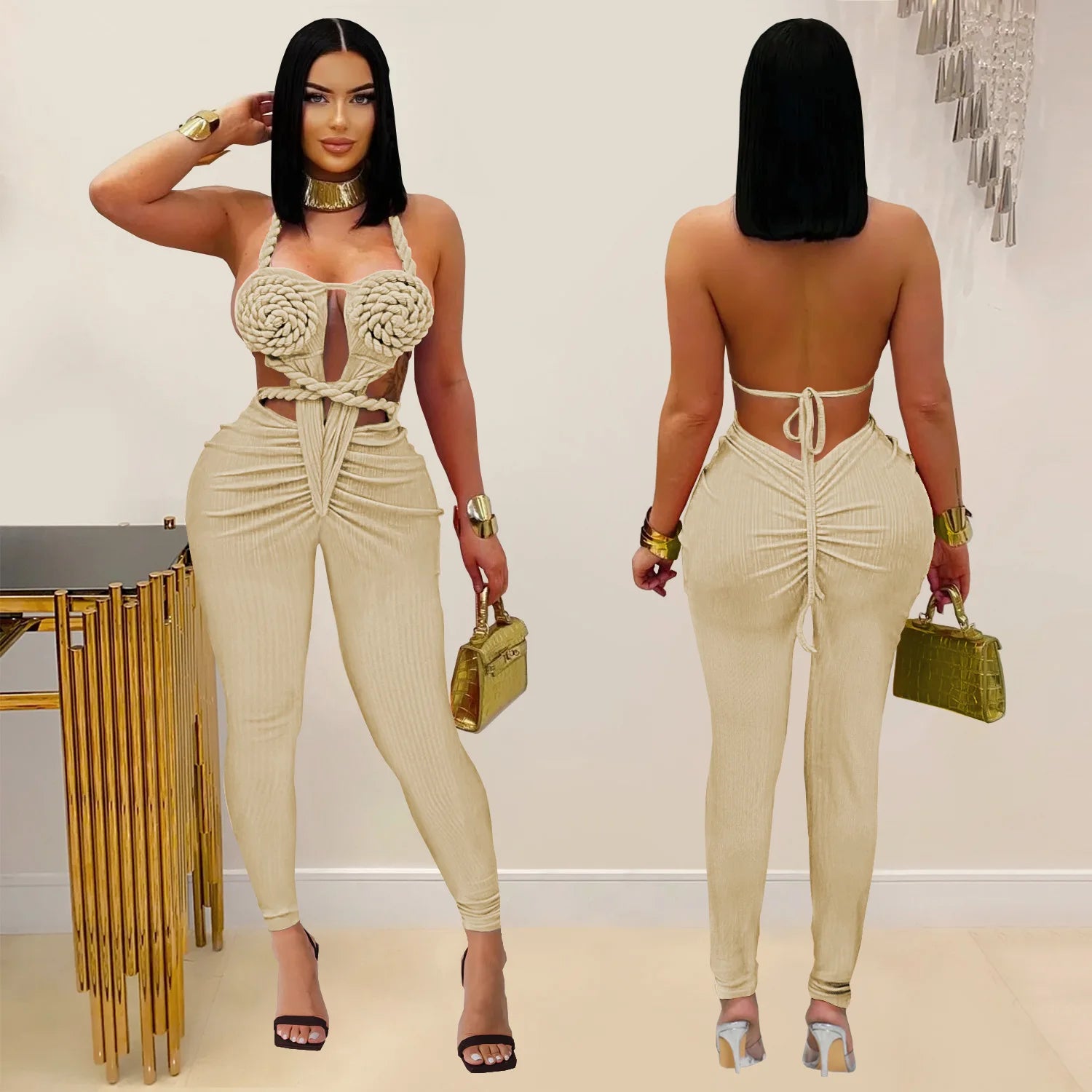 GLCMYAYA Women Halter Neck Knit Ribbed Ruched Stacked Jumpsuits 2025 Summer Vacation Beach Romper Playsuit One Piece Set Outfits
