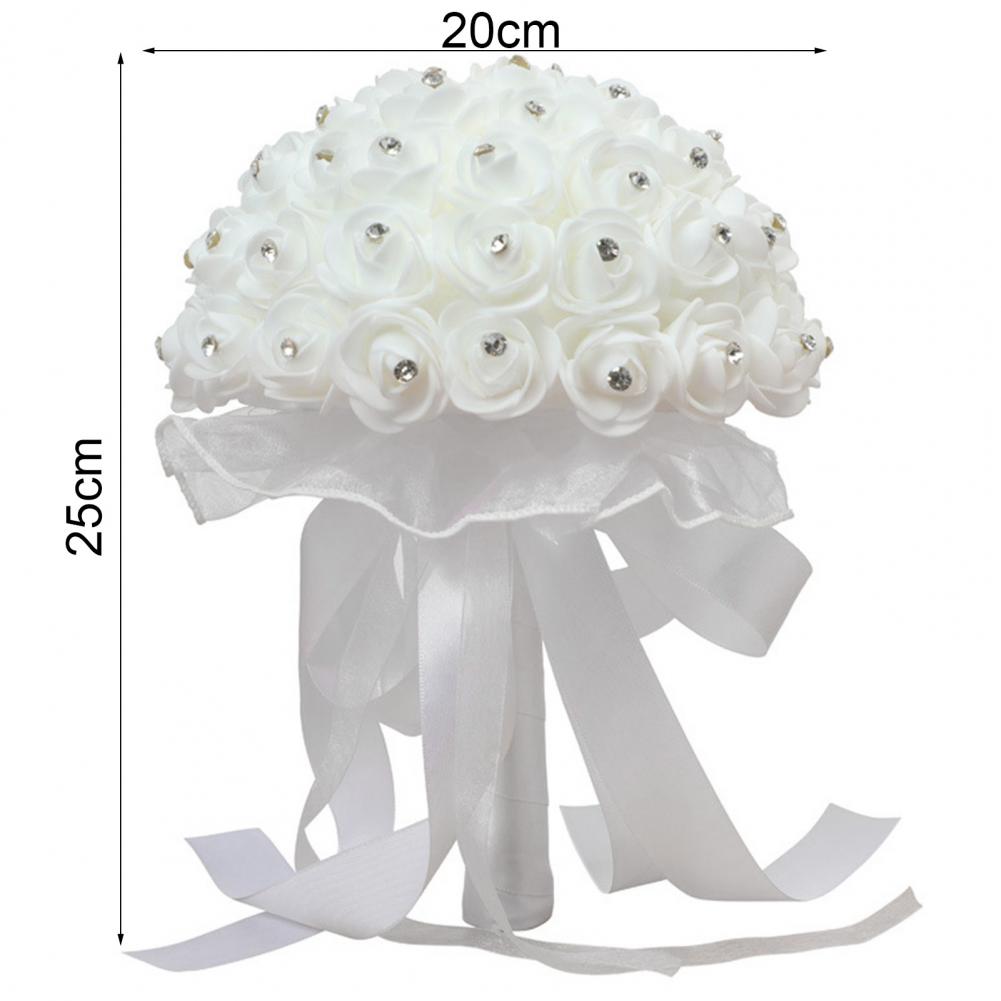 White Faux Silk Diamond Flower Ribbon Bouquet Wedding Bridal Holding Rose Bouquet Fake Flower for Wedding Decoration Flowers