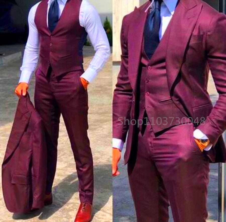 Solid Color Fashion Men Boutique Business Suits Wedding Suit Formal Groom Tuxedos 3 Pcs Set Dress Peak Lapel Blazer Vest Pants