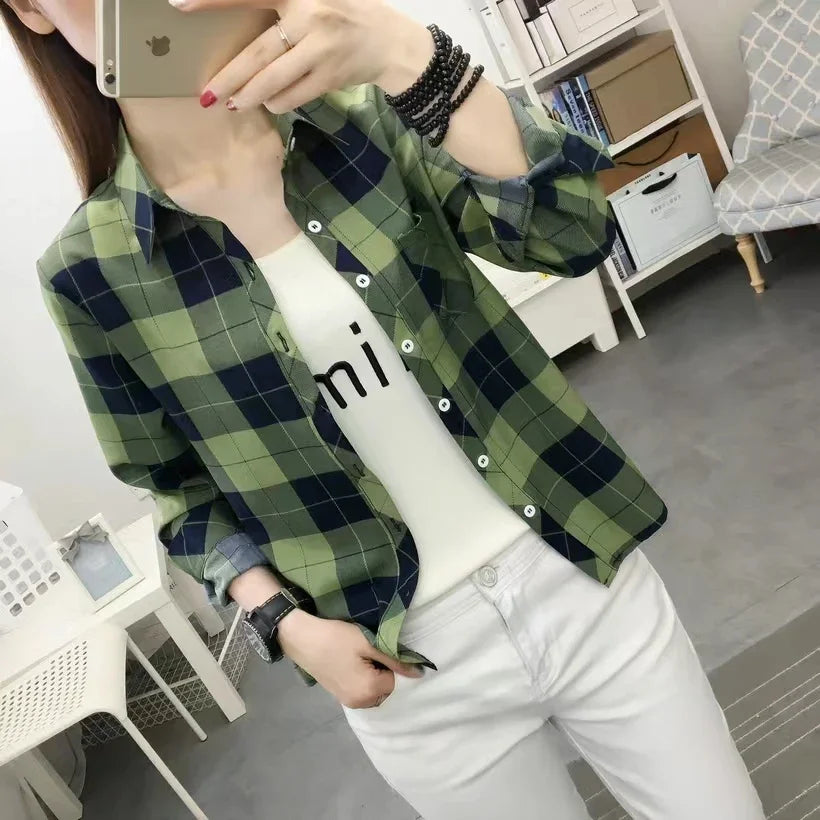 2024 Autumn New College Style Plaid Shirts Womens Long sleeve Button Down Casual Tops Loose Fashion Polo Neck Blouses