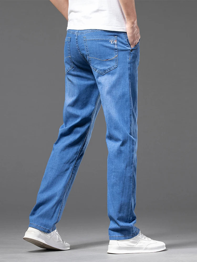 Summer Thin Men's Straight Jeans Classic Black Blue Stretch Casual Business Baggy Denim Pants Male Brand Trousers