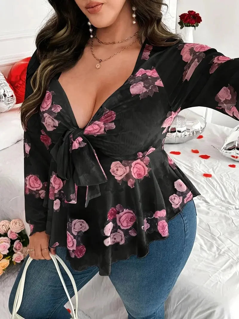 New net fabric rose flower printed net fabric blouse with fitted long sleeves, elegant series net fabric strapless long-sleeved