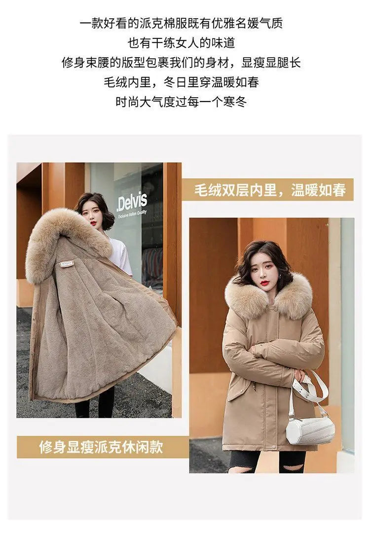 2025 Winter New Korean Edition Loose Thicken Cotton Jacket Women's Big Fur collar Hooded Coat Female Casual Warm Parker Overcoat