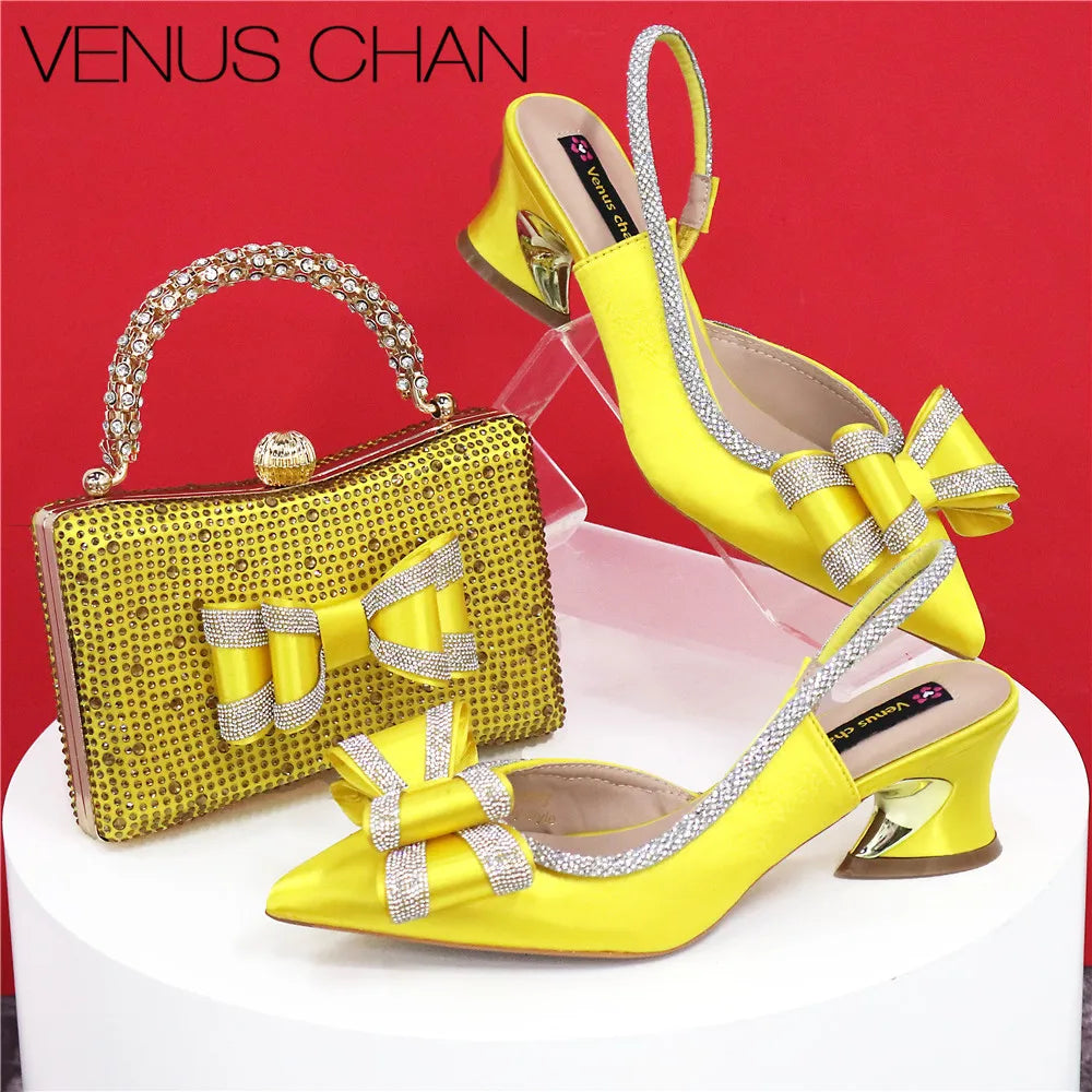 Med Heel Shoes for Women Hollowed Out Embroidery Rhinestone Italian Design Olive-green Color Pointed-Toe Shoes and Bags Set