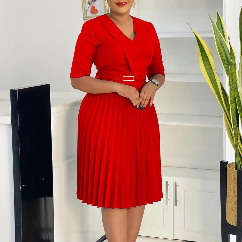 Church Dresses for Women Elegant V Neck Half Sleeves Pleated A-Line Midi Dress Female Classy Modest African Summer Fashion Gowns
