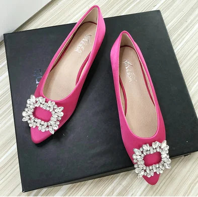 Women Green Blue Shoes Silk Null Plain Flats Pointed Toe Slip-On With Crystal Buckle Shallow Mouth Cute Retro Tacons  32-48 28cm