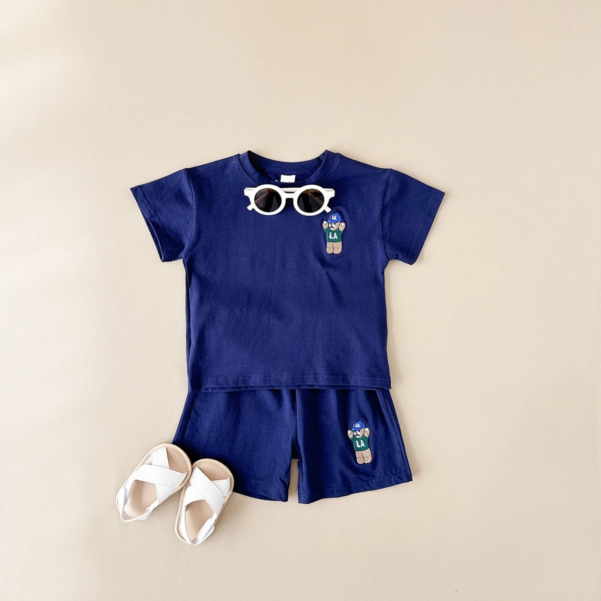 INS Summer Baby Boys Clothes Baby Girls Suit Bear Embroidery Thin Sports T-shirt Baby Cotton Infant Outfit Set Children Clothing