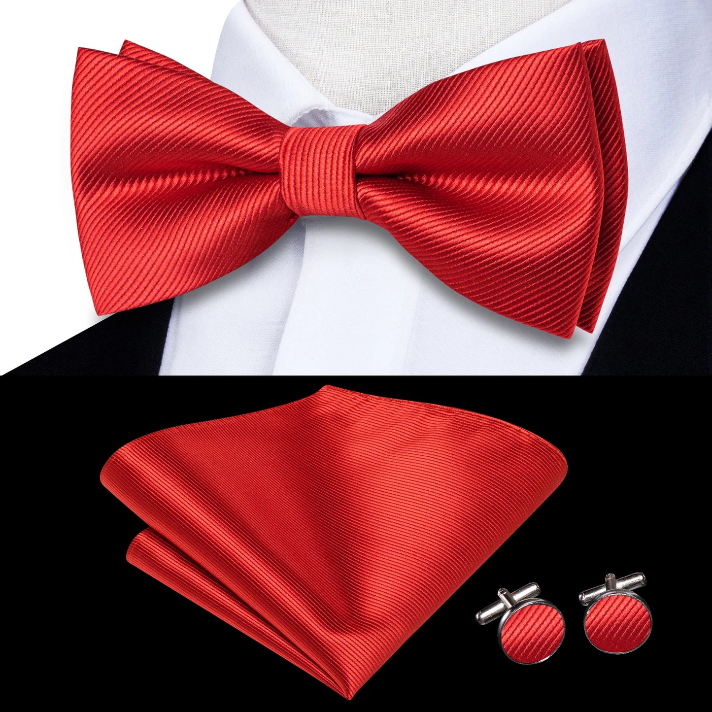 Hi-Tie Pink Dot Silk Mens Pre-tied Bow Tie Hanky Cufflink Set Dusty Pink Butterfly Knot Bowtie for Male Wedding Business