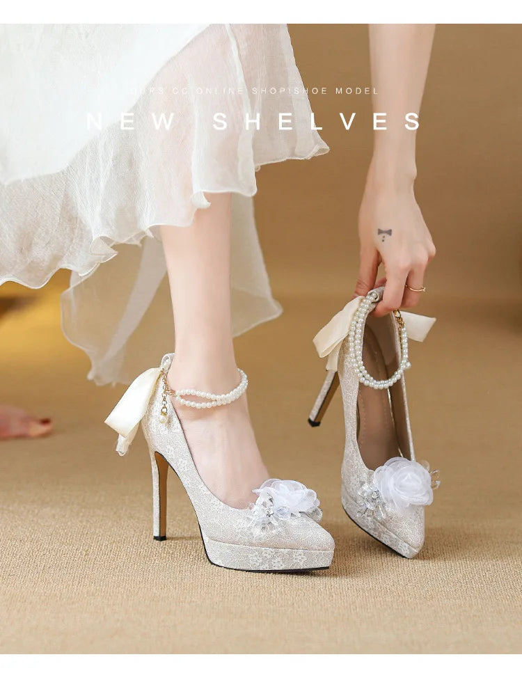 High heels, women's wedding shoes, Hexiu, two pairs of thick heels, beautiful ankle rings, pearl straps, bridal shoes