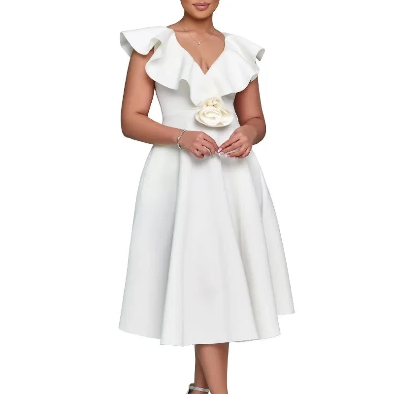 Customized African Women White Dresses Party Ruffles O Neck High Waist A Line Pleated Summer Dress Fashion Evening Birthday Gown