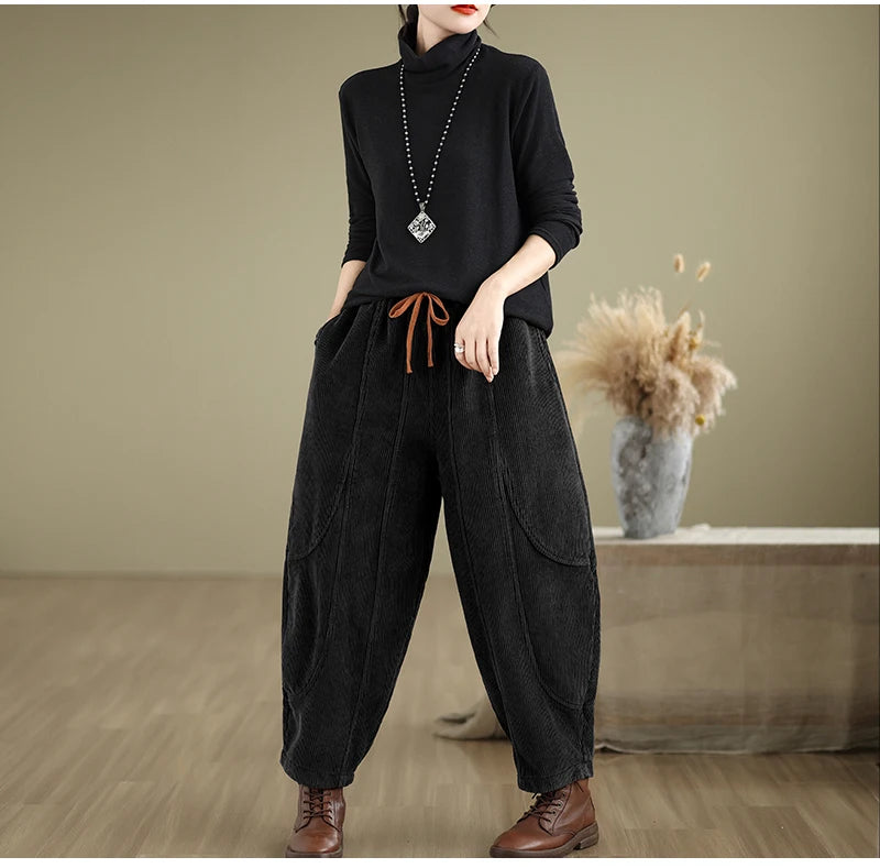Oversized Corduroy Autumn Winter Elastic High Waist Harem Pant Women Casual Modis Ladies Trousers Pleated Loose Woman Harem Pant