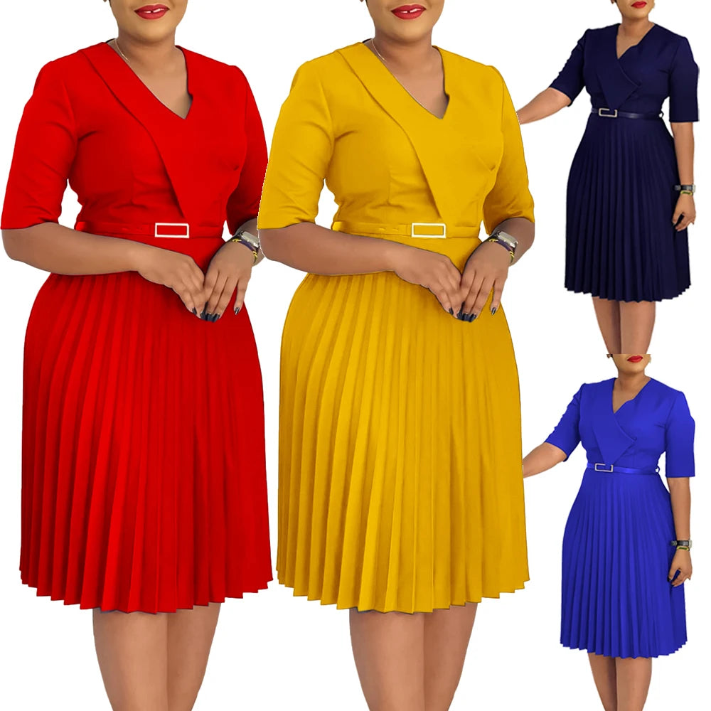 Church Dresses for Women Elegant V Neck Half Sleeves Pleated A-Line Midi Dress Female Classy Modest African Summer Fashion Gowns