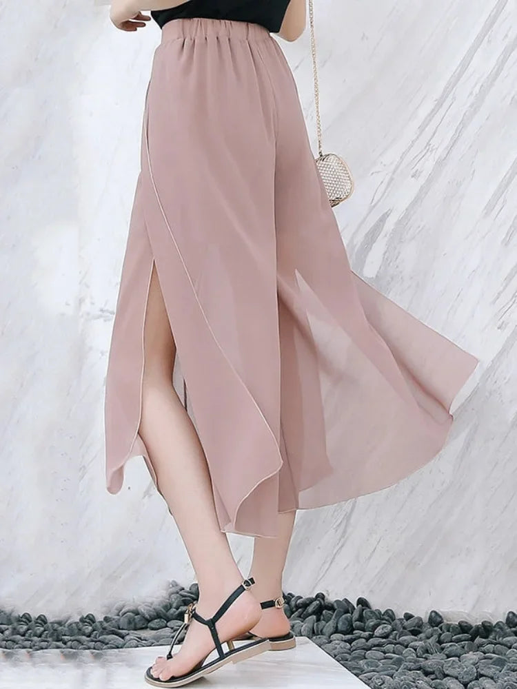 2024 Side Split Shorts Skirt Women's Summer Sweet Slim Chiffon Capris Skirts Female Korean Style Split Tulle Skirt Pants