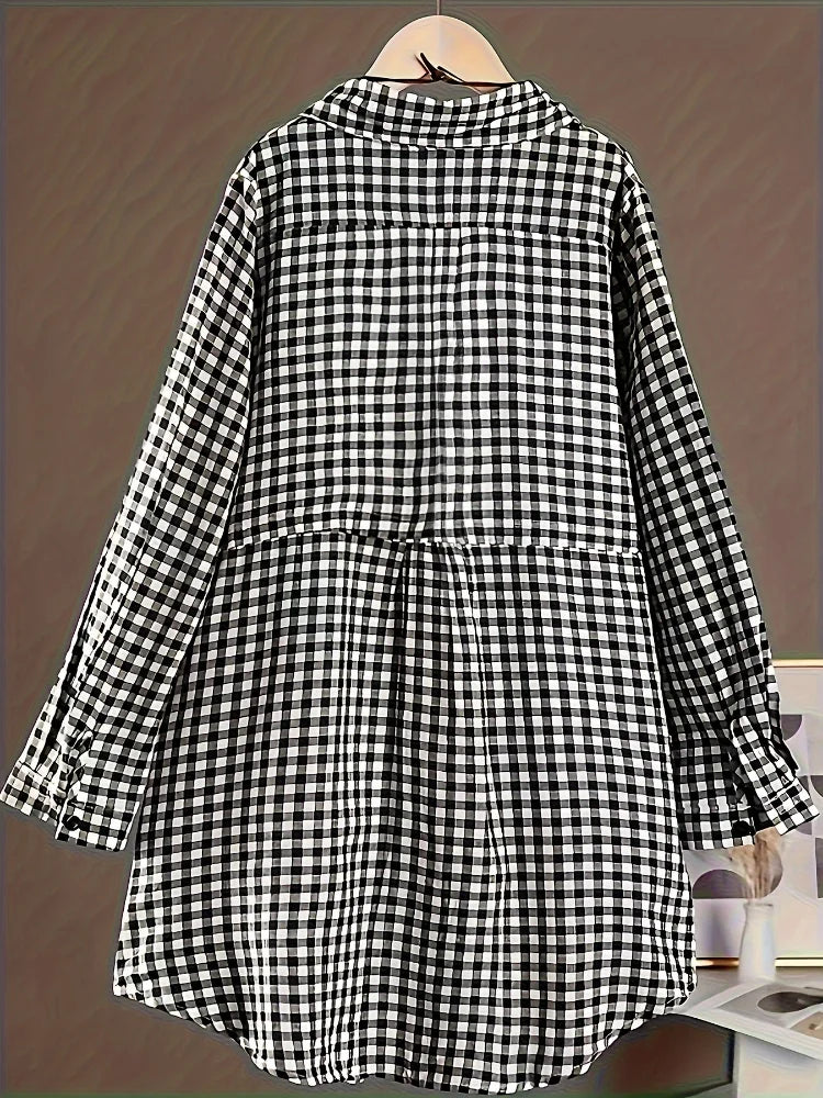 Plus Size New Korean Fashion Blouses Plaid Button Solid Midi Autumn Shirt Female All-match Loose Long Sleeve Polo-Neck Blouse