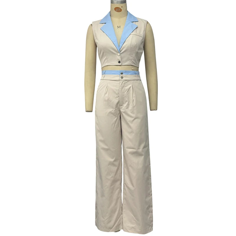 Wefads Two Piece Set Women Summer Fashion Patchwork Sleeveless V Neck Lapel Backless Button Top Straight Pants Sets Streetwear
