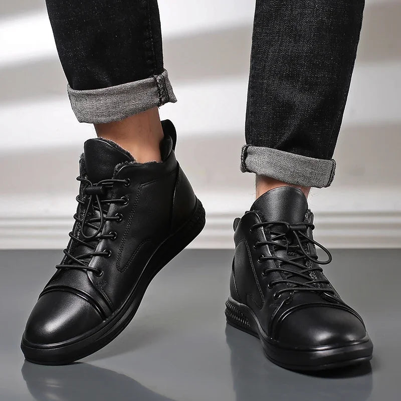 Genuine Leather Men's Casual Shoes Fashion High Top Sneakers Shoes Winter Wool Fur Warm Men Boots Outdoor Snow Non-Slip Footwear