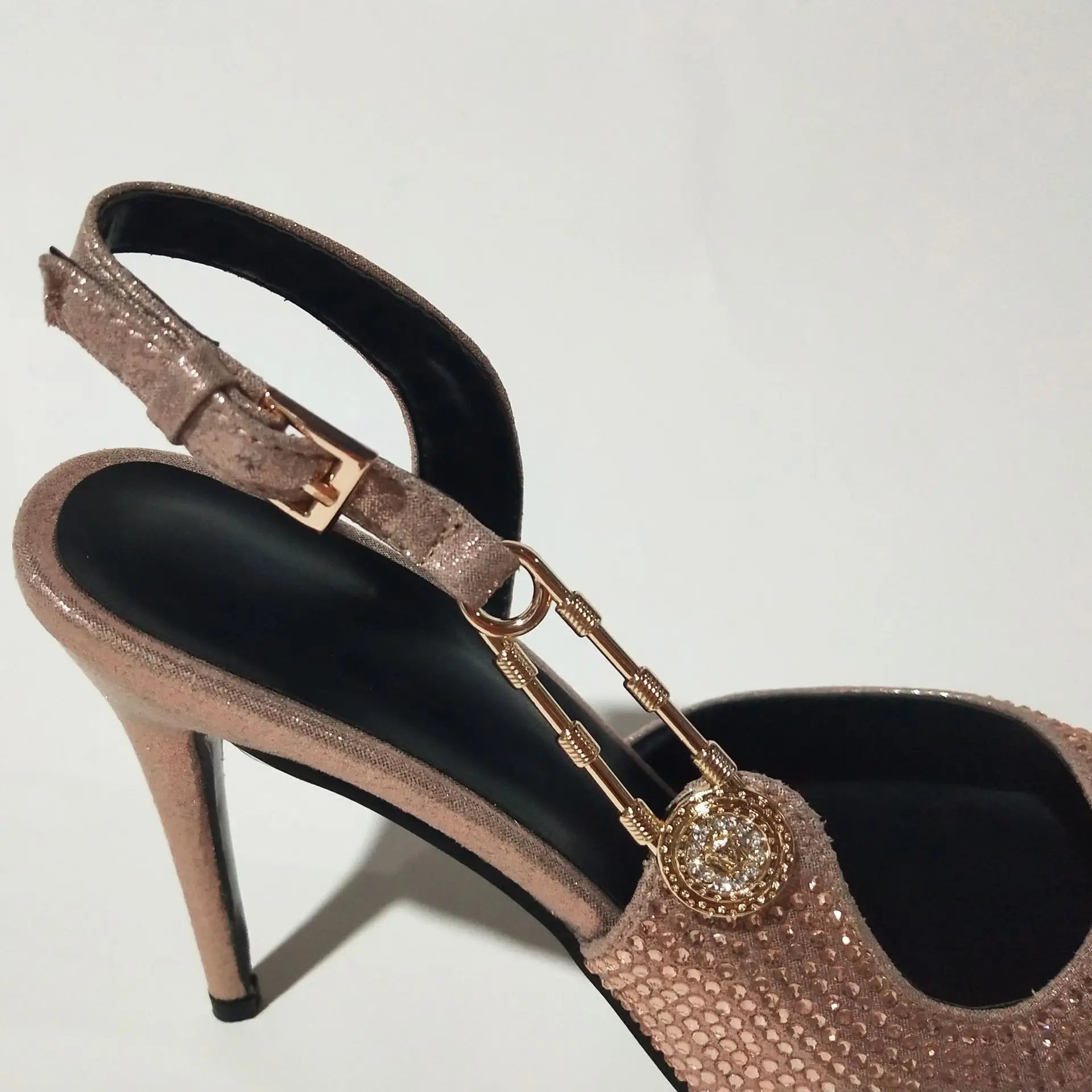 2025Women's Sexy Silk Rhinestone Pumps Belt Buckle Back Hollow Pointed Toe Thin Heel Sandals Pumps Female High Heels Party Shoes