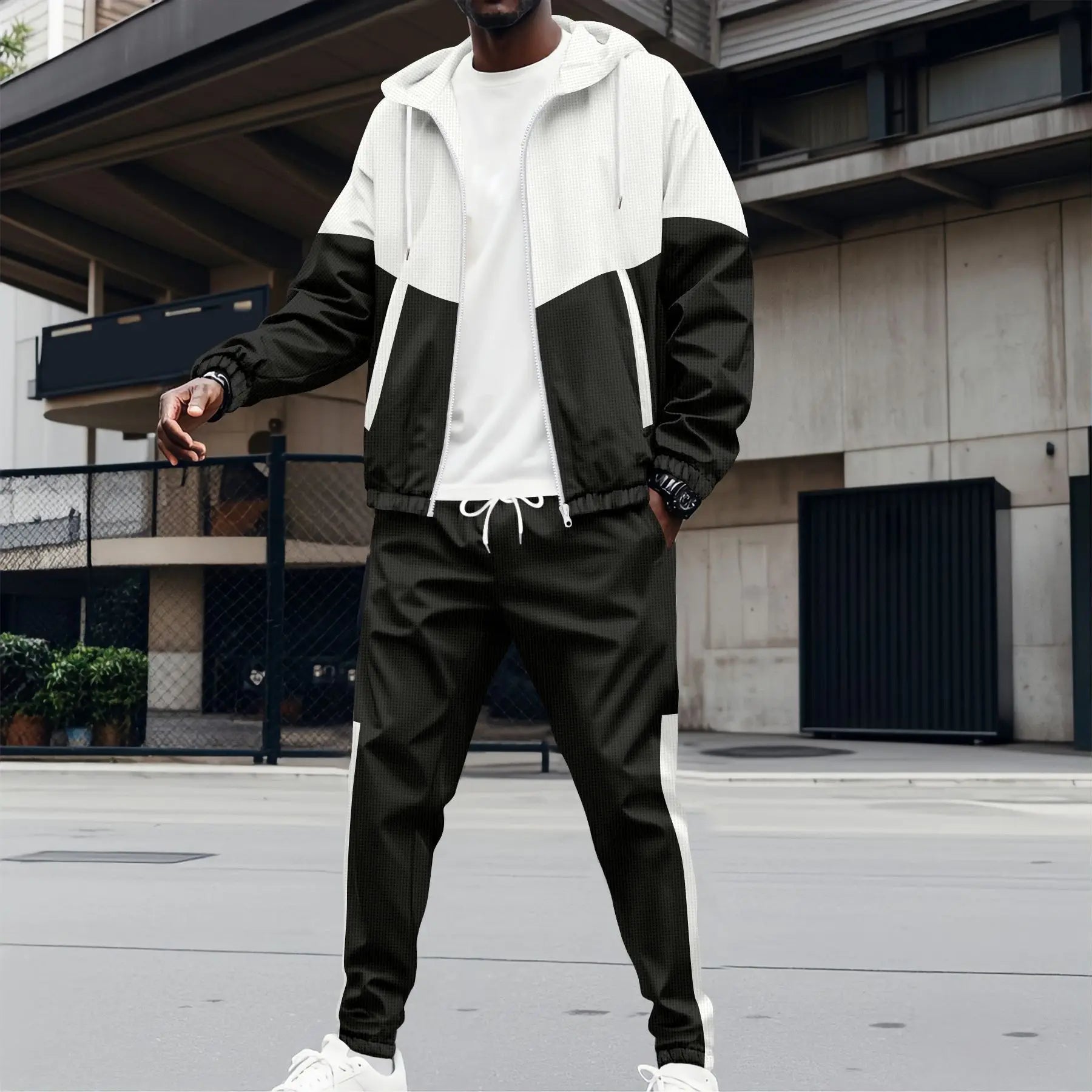2025 Best-selling Men's New Spring And Fall Hooded Zipper Double-pocket Patchwork color Jacket Men's coat Sports Two-piece Suit