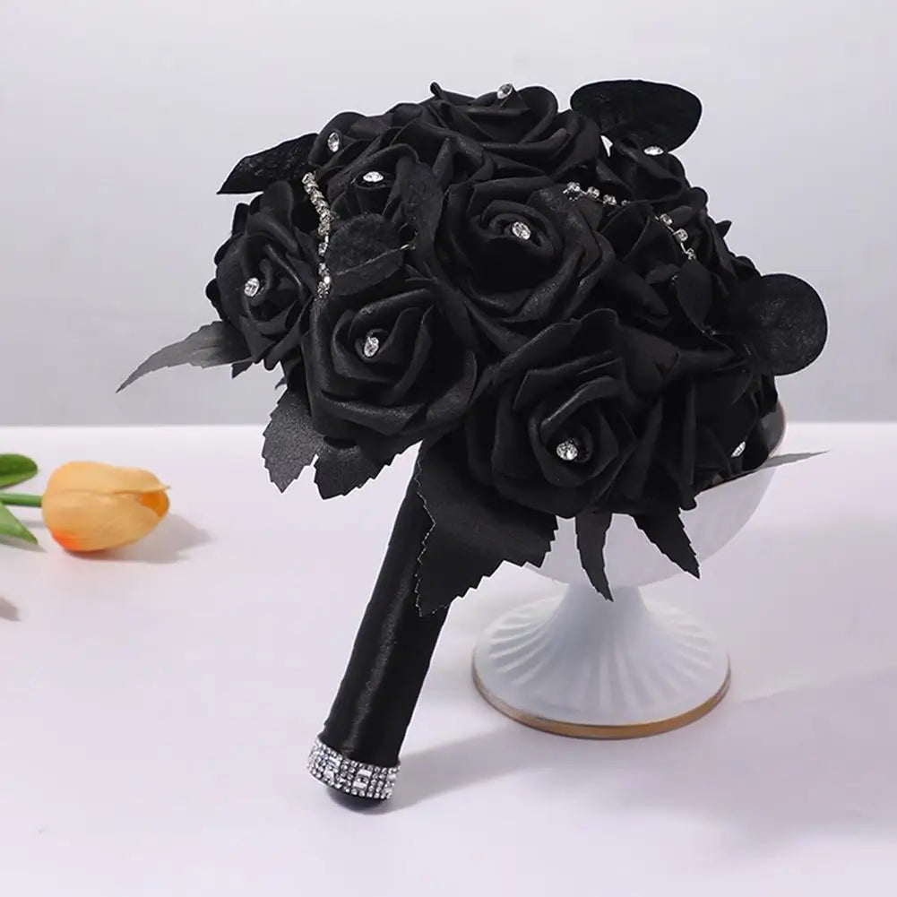 Yannew Black Burgundy Gothic Bridal Bouquets for Bride Bridesmaids Artifiicial Silk Foam Roses Flower Wedding Bouquet Halloween