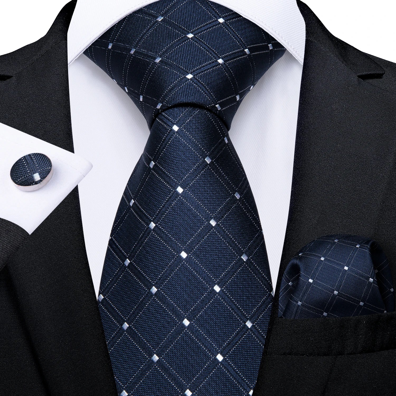 Solid Black Plaid Men's 8cm Polyester Neck Tie Handkerchief Cufflinks Set with Gift Box Tie Clip Birthday Anniversary Gift