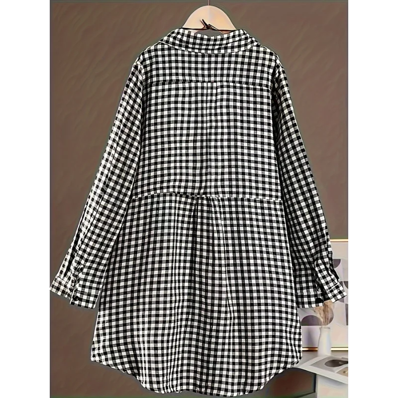 Plus Size New Korean Fashion Blouses Plaid Button Solid Midi Autumn Shirt Female All-match Loose Long Sleeve Polo-Neck Blouse
