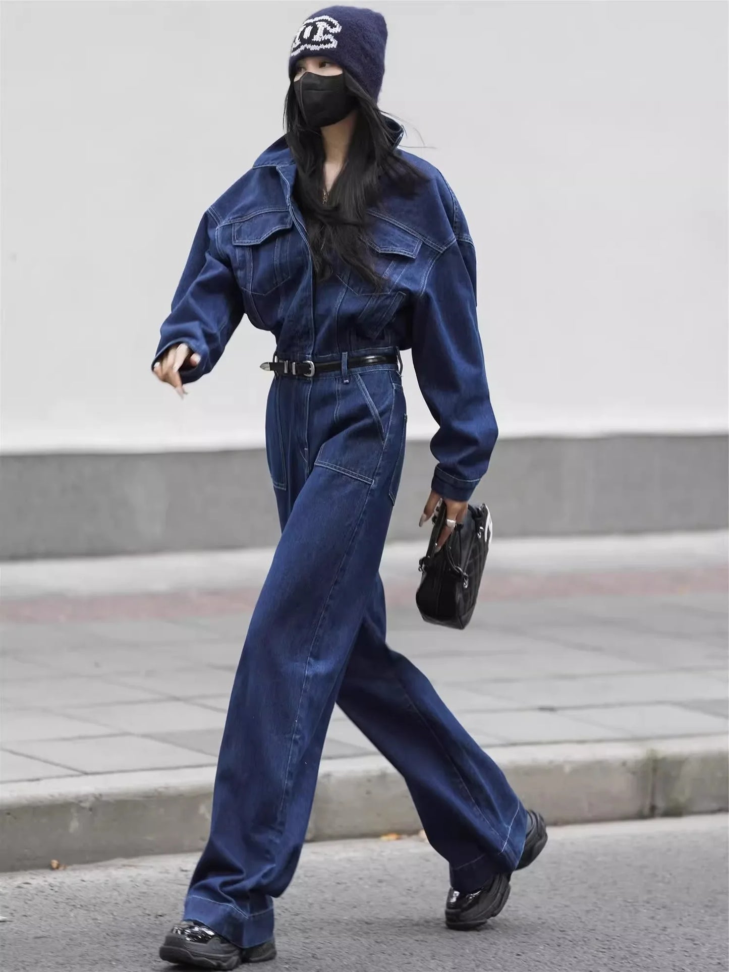 Blue Design Denim Jumpsuit Women'S Spring And Autumn Collar Fashionable Workwear Large Pocket Loose Pants