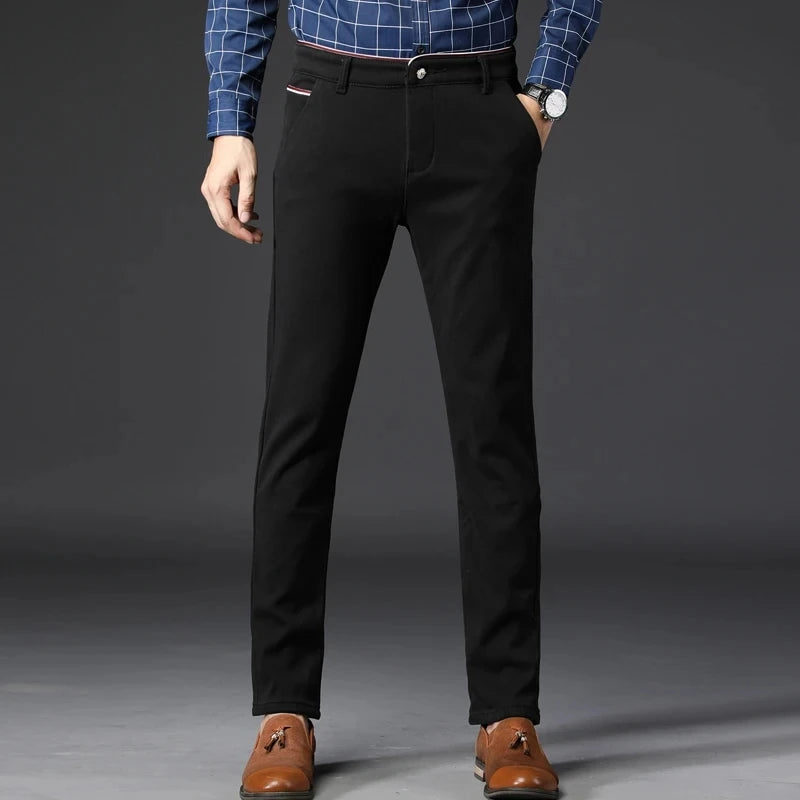 Winter Men Korean Fashion Straight Leg Pants Winter Snow Warm Thermal Thicken Casual Pants New Fleece Slim Fit Business Trousers