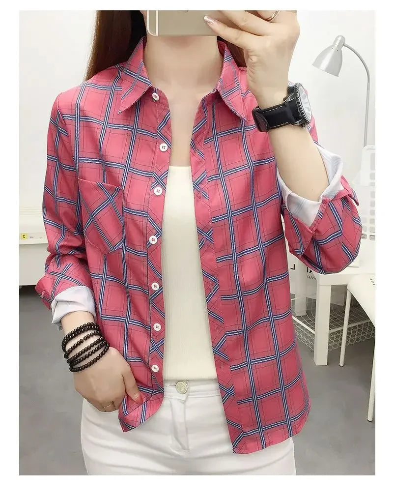 2024 Autumn New College Style Plaid Shirts Womens Long sleeve Button Down Casual Tops Loose Fashion Polo Neck Blouses