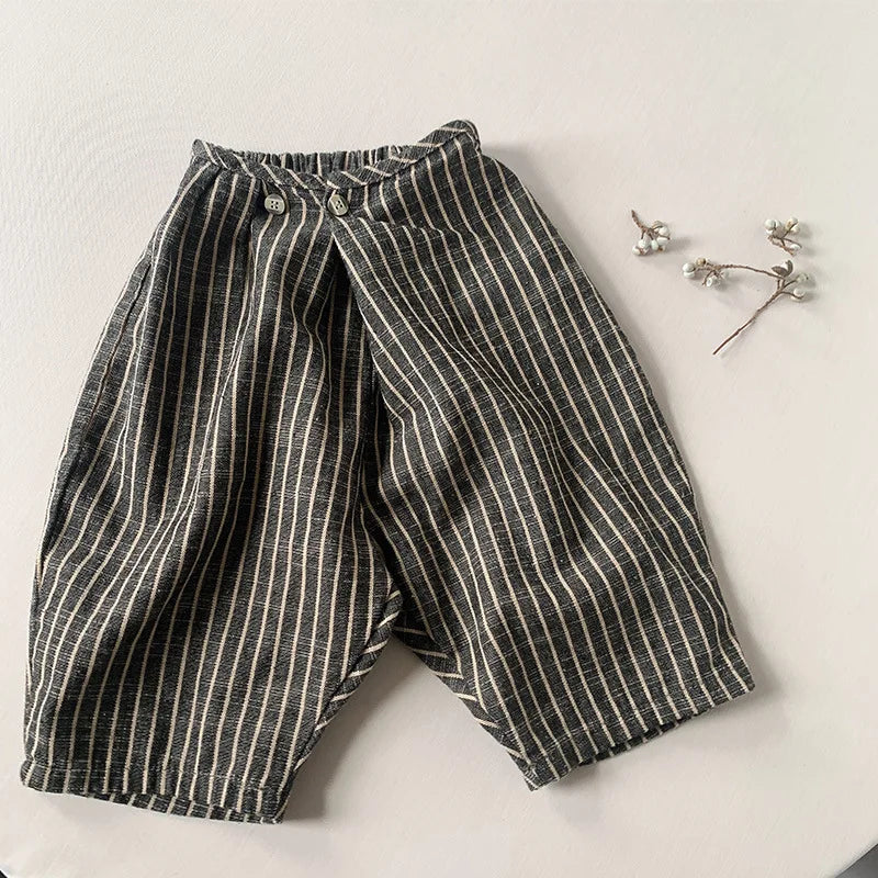 Children's Retro Striped Cotton And Linen Pant Spring Autumn New Japanese Boys And Girls Casual Loose Wide-Leg Pants WTP122