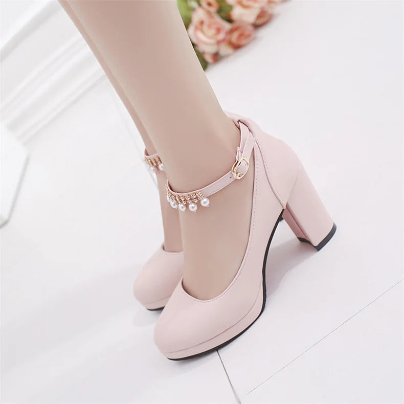 Women's Wedding Shoes String Bead Ankle Strap Elegant Middle High Heel Dress Platform Bridal Pearl Pumps 8cm 2023 Autumn Leather