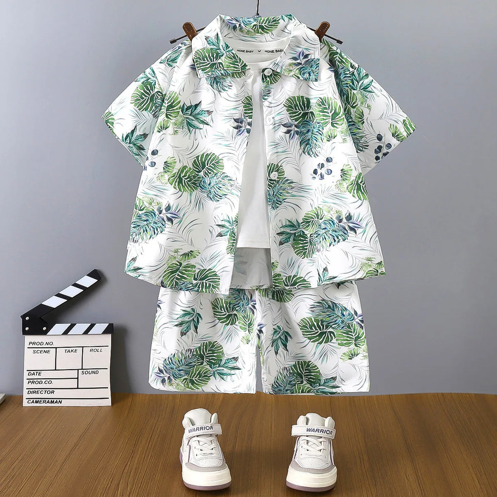 2025 Boys Summer Shirt Set New Casual Short Sleeve and Shorts Hong Kong Style Childrens Clothing Summer Outfit for Kids