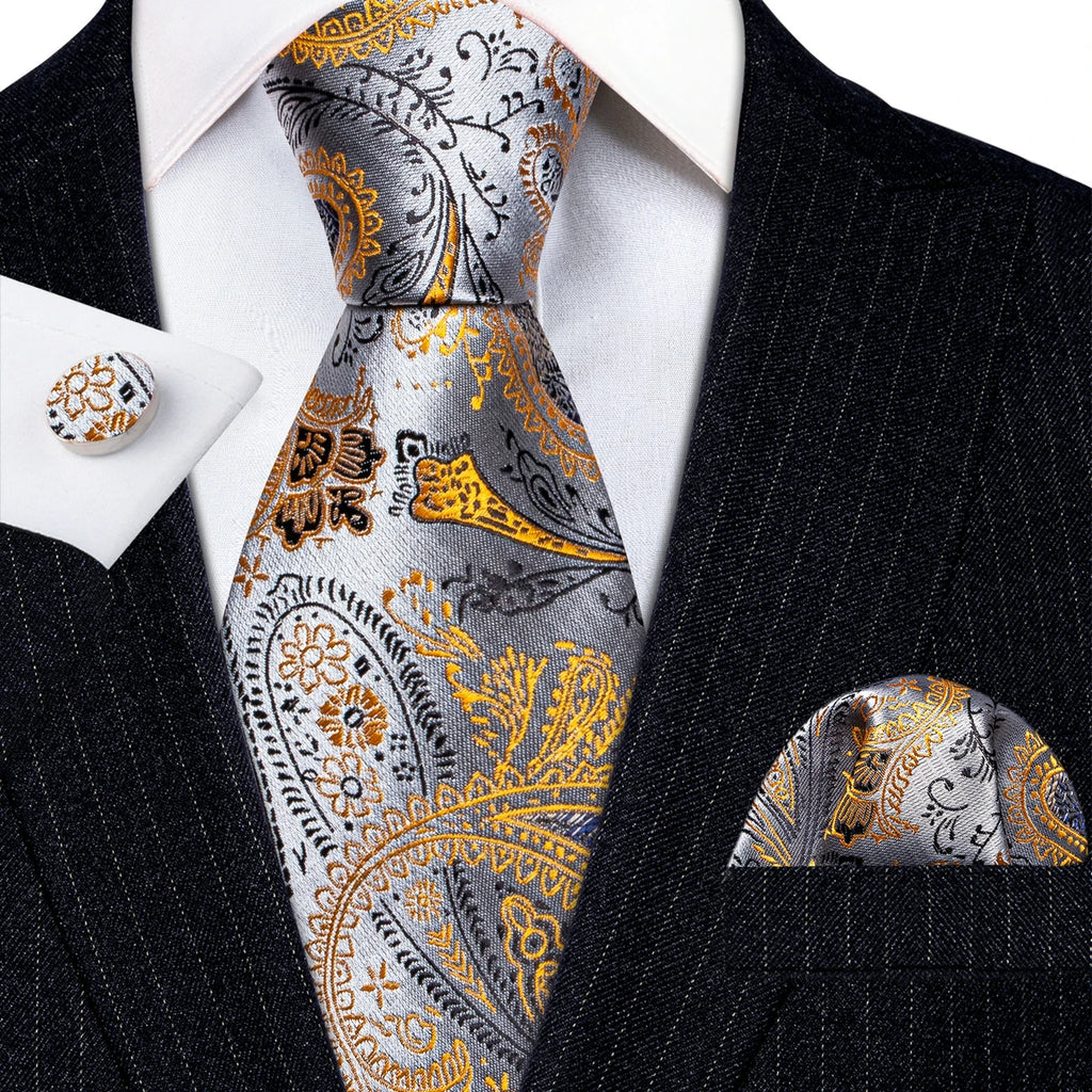 Barry.Wang Gold Silk Mens Tie Hanky Cufflinks Set Yellow Beige Orange Luxury Jacquard Necktie For Male Wedding Business Party