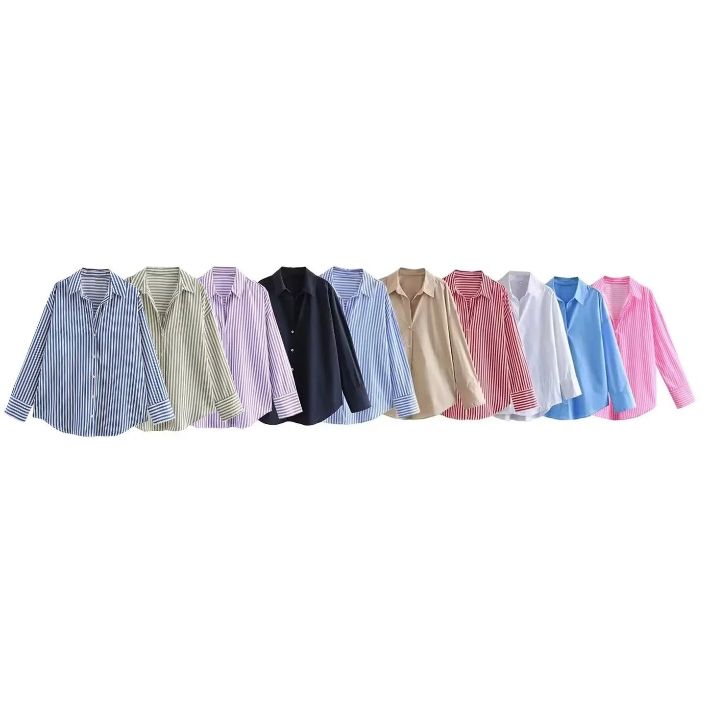 Traf 2025 women's spring new Europe-American fashion striped long sleeve lapel loose version poplin shirt multi-color selection