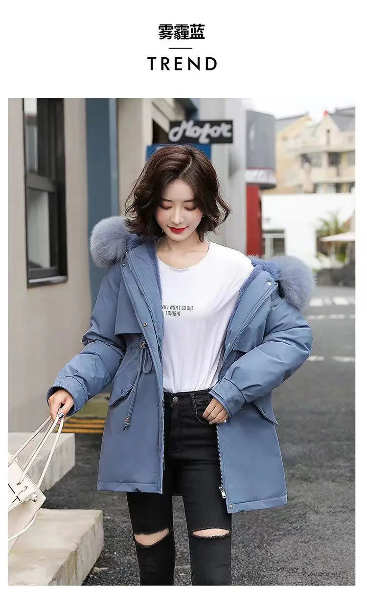 2025 Winter New Korean Edition Loose Thicken Cotton Jacket Women's Big Fur collar Hooded Coat Female Casual Warm Parker Overcoat