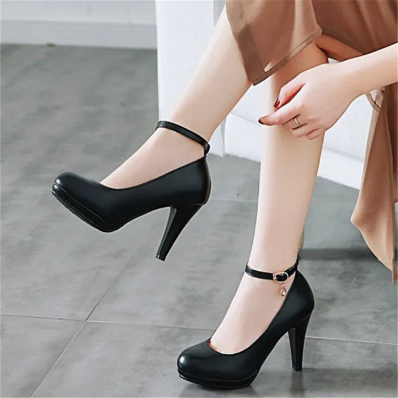High Quality White Wedding Shoes Women Pumps High Heels Shoes With Ankle Strap Shallow Ladies Office Party Dress Shoes 31-46