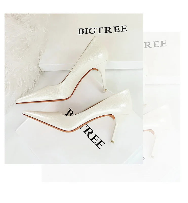 BIGTREE Elegant Simple Woman Heels Slim Heels High Heels Shallow Mouth Pointed Crystal Patent Leather Single Shoes  Women Shoes