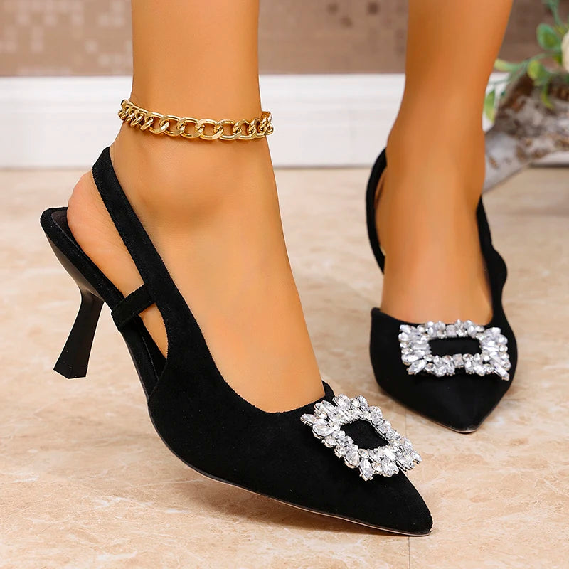 Elegant Ladies Crystal Buckle Pumps Summer 2025 Sexy Pointed Toe High Heels Sandals Women Back Strap Party Wedding Shoes Woman