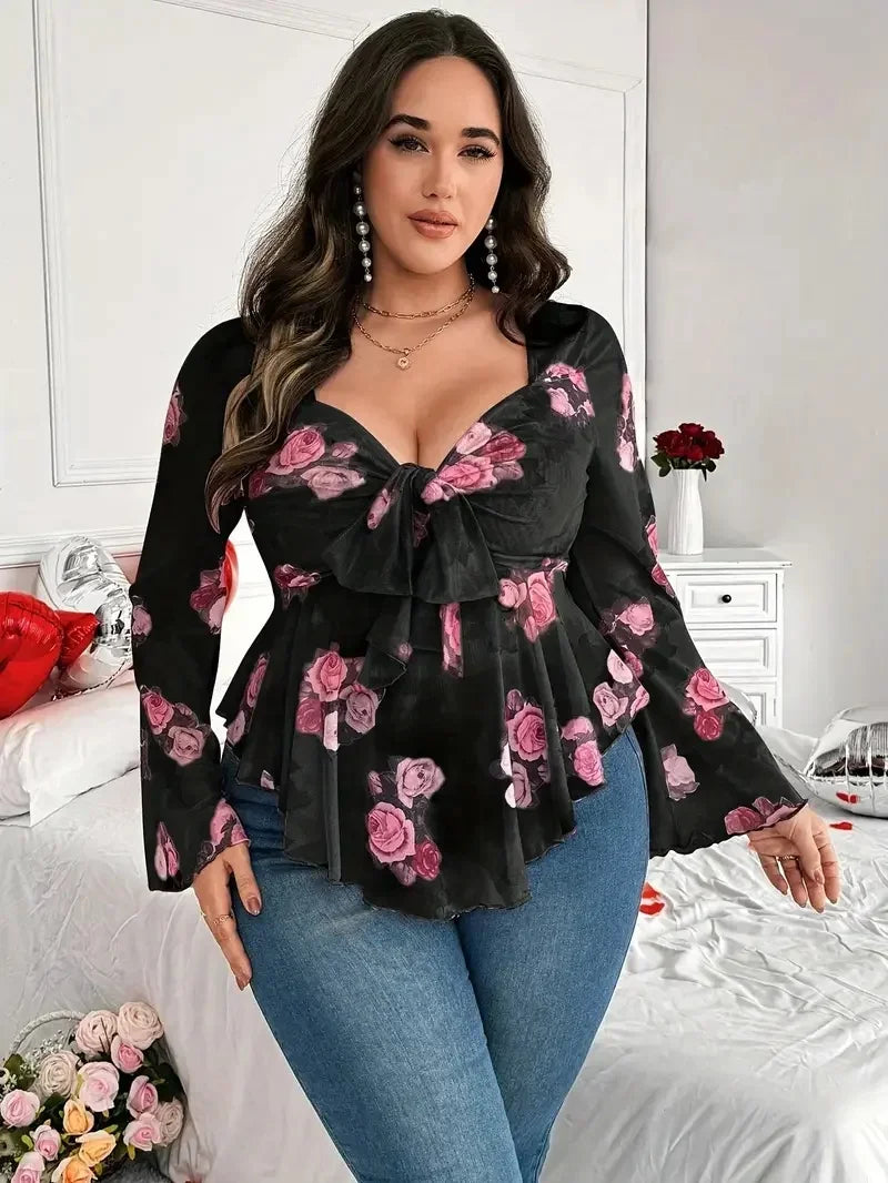 New net fabric rose flower printed net fabric blouse with fitted long sleeves, elegant series net fabric strapless long-sleeved