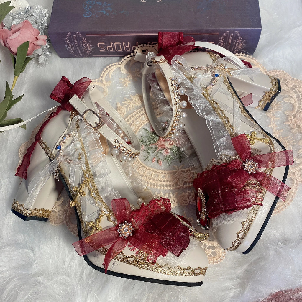 Cos Girl Heart Lolita Handmade Round Head High Heel Lo Shoes Japanese Sweet Loli Girl Tea Party Flower Wedding High Heel Shoes