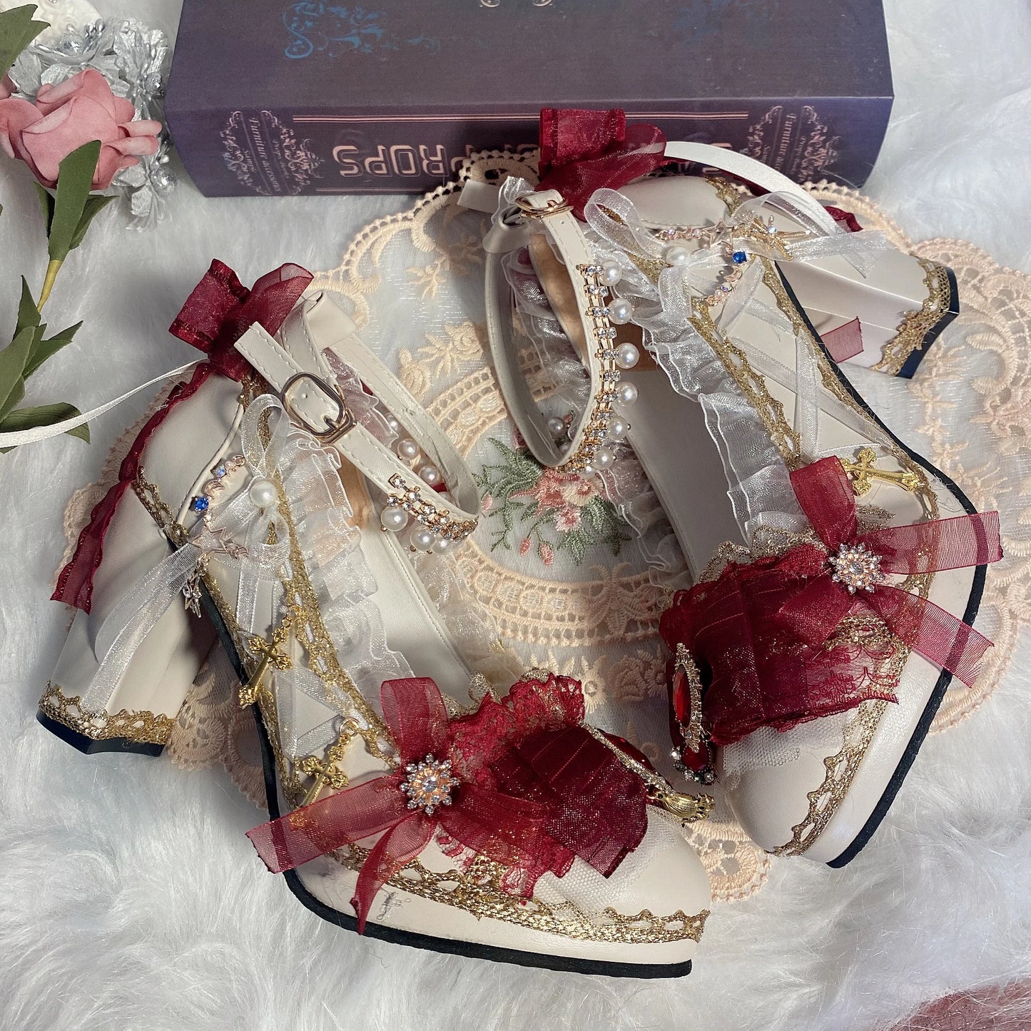 Cos Girl Heart Lolita Handmade Round Head High Heel Lo Shoes Japanese Sweet Loli Girl Tea Party Flower Wedding High Heel Shoes