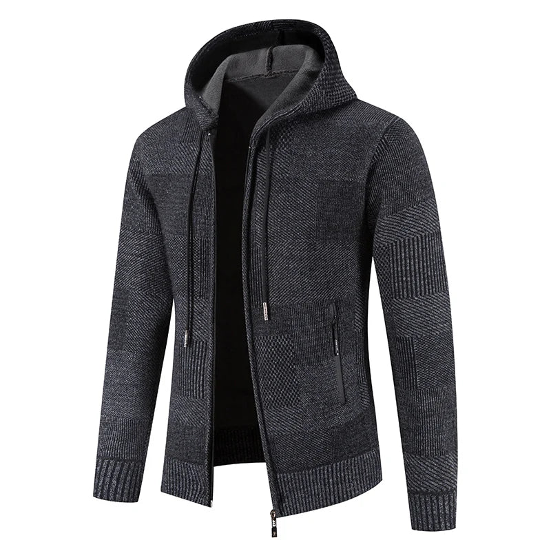 Men's Winter Sweater Jacket New Hooded Cardigan Knit Fashion Slim Fit Thick Warm Jumper Casual Zipper Hoodie Fleece Coat