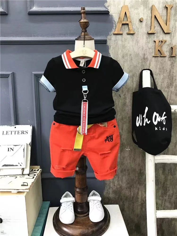 Boys' Summer 2024 New Set Summer Children's Clothing Children's Clothing Boys' Black T-shirt+Shorts Kids Outfits