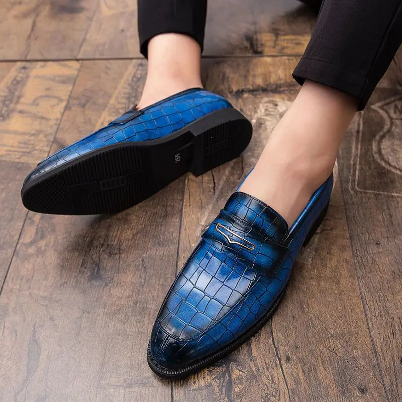 Men's Crocodile Pattern Black Loafers – Pointed Toe Slip-On Wedding Oxford