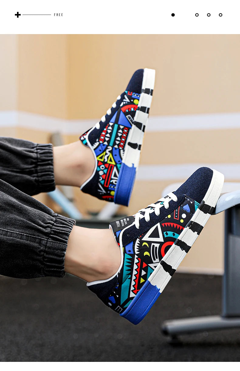 YRZL Men's Sports Running Shoes Canvas Geometric Style Lace-Up Sneakers Couples' Fashionable Graffiti Print Skate Shoes Men