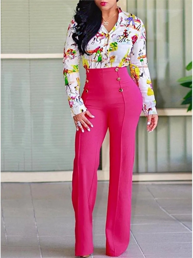 Elegant Casual  High Waist Wide Leg Pants Fashion Loose Button Long Pant Office Solid Spring Autumn Womens Clothing New Pant
