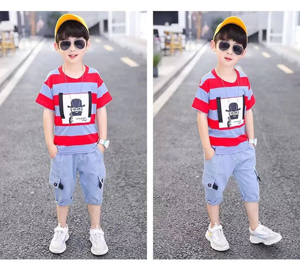 Summer Baby Boys Clothes Suit Stripe Cotton T-shirt+Jeans Short Pant 2PCS Set Kids Boys Clothing  For 3 4 5 6 7 8 9 10 11 12 Yrs